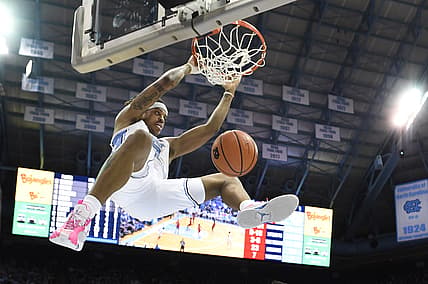 Jan 29, 2022; Chapel Hill, North Carolina, USA;  North Carolina Tar Heels forward Armando Bacot (5) scores in the second half at Dean E. Smith Center. Mandatory Credit: Bob Donnan-USA TODAY Sports