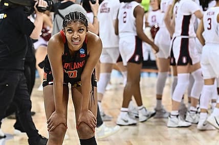 Mar 25, 2022; Spokane, WA, USA; Maryland Terrapins forward Angel Reese (10) looks up at the video board after a game against the Stanford Cardinal in the Spokane regional semifinals of the women's college basketball NCAA Tournament at Spokane Veterans Memorial Arena. Mandatory Credit: James Snook-USA TODAY Sports
