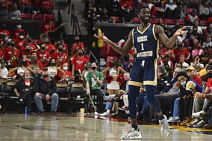 Nov 11, 2021; College Park, Maryland, USA;  George Washington Colonials guard Joe Bamisile (1) reacts to spectators during the game against the Maryland Terrapins at Xfinity Center. Mandatory Credit: Tommy Gilligan-USA TODAY Sports