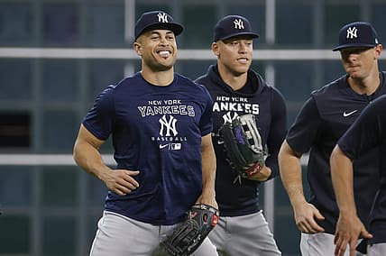 Jun 30, 2022; Houston, Texas, USA; New York Yankees left fielder Giancarlo Stanton (27) smiles before the game against the Houston Astros at Minute Maid Park. Mandatory Credit: Troy Taormina-USA TODAY Sports