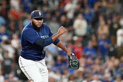 Jul 7, 2022; Seattle, Washington, USA; Seattle Mariners relief pitcher Diego Castillo celebrates after the Mariners get the final out of the game against the Toronto Blue Jays at T-Mobile Park. Seattle defeated Toronto 8-3. Mandatory Credit: Steven Bisig-USA TODAY Sports