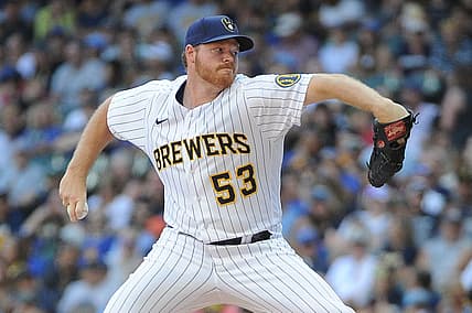 Jul 9, 2022; Milwaukee, Wisconsin, USA; Milwaukee Brewers starting pitcher Brandon Woodruff (53) delivers a pitch against the Pittsburgh Pirates in the first inning at American Family Field. Mandatory Credit: Michael McLoone-USA TODAY Sports
