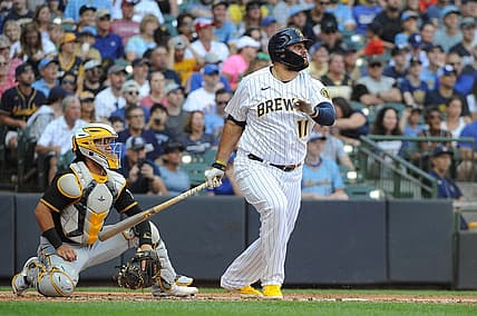 Jul 9, 2022; Milwaukee, Wisconsin, USA; Milwaukee Brewers first baseman Rowdy Tellez (11) at bat against the Pittsburgh Pirates in the third inning at American Family Field. Mandatory Credit: Michael McLoone-USA TODAY Sports