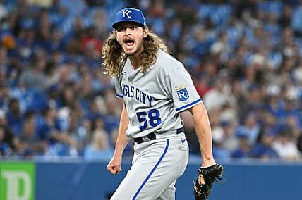 Jul 14, 2022; Toronto, Ontario, CAN;  Kansas City Royals relief pitcher Scott Barlow (58) reacts after the final out in a win over the Toronto Blue Jays at Rogers Centre. Mandatory Credit: Dan Hamilton-USA TODAY Sports