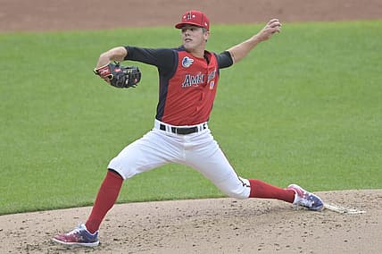 Jul 7, 2019; Cleveland, OH, USA; American League pitcher DL Hall (21) delivers in the third inning against the National League in the 2019 MLB All Star Futures Game at Progressive Field. Mandatory Credit: David Richard-USA TODAY Sports