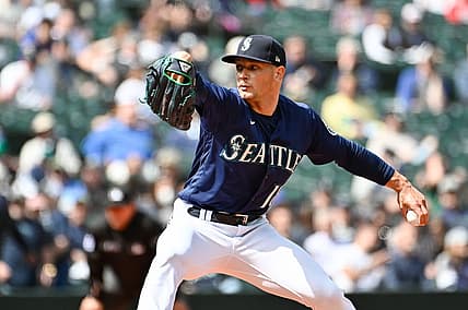 May 11, 2022; Seattle, Washington, USA; Seattle Mariners relief pitcher Anthony Misiewicz (18) pitches against the Philadelphia Phillies during the seventh inning at T-Mobile Park. Mandatory Credit: Steven Bisig-USA TODAY Sports