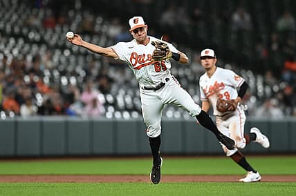 May 16, 2022; Baltimore, Maryland, USA; Baltimore Orioles third baseman Rylan Bannon (65) throws to first base during the game against the New York Yankees  at Oriole Park at Camden Yards. Mandatory Credit: Tommy Gilligan-USA TODAY Sports