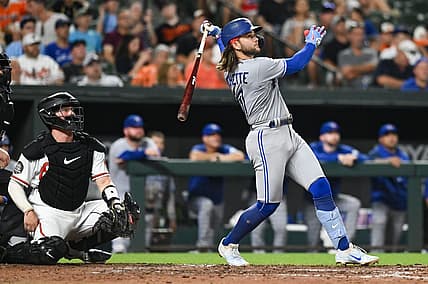Aug 9, 2022; Baltimore, Maryland, USA;  Toronto Blue Jays shortstop Bo Bichette (11) swings through a three run home run in the sixth inning against the Baltimore Orioles at Oriole Park at Camden Yards. Mandatory Credit: Tommy Gilligan-USA TODAY Sports