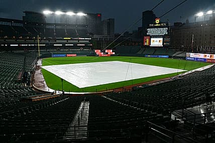 Aug 10, 2022; Baltimore, Maryland, USA;  The game between the Baltimore Orioles and the Toronto Blue Jays has been delayed due to inclement weather at Oriole Park at Camden Yards. Mandatory Credit: Tommy Gilligan-USA TODAY Sports