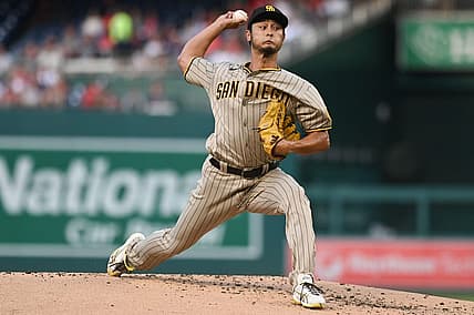 Aug 13, 2022; Washington, District of Columbia, USA;  San Diego Padres starting pitcher Yu Darvish (11) throws a first inning pitch against the Washington Nationals at Nationals Park. Mandatory Credit: Tommy Gilligan-USA TODAY Sports