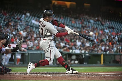 Aug 16, 2022; San Francisco, California, USA; Arizona Diamondbacks first baseman Christian Walker (53) hits a solo home run during the fourth inning against the San Francisco Giants at Oracle Park. Mandatory Credit: Ed Szczepanski-USA TODAY Sports