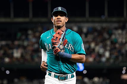 Aug 26, 2022; Seattle, Washington, USA; Seattle Mariners center fielder Julio Rodriguez (44) jogs off the field after the top of the seventh inning against the Cleveland Guardians at T-Mobile Park. Mandatory Credit: Steven Bisig-USA TODAY Sports