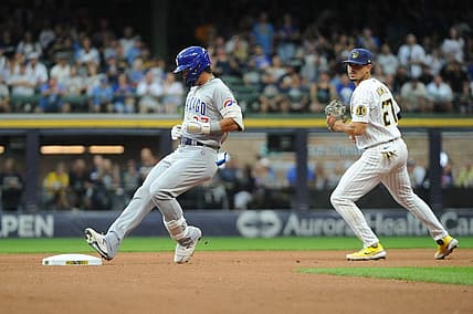 Aug 27, 2022; Milwaukee, Wisconsin, USA; Milwaukee Brewers shortstop Willy Adames (27) hits a double in the third inning against the Milwaukee Brewers at American Family Field. Mandatory Credit: Michael McLoone-USA TODAY Sports