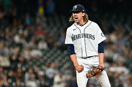 Sep 6, 2022; Seattle, Washington, USA; Seattle Mariners starting pitcher Logan Gilbert (36) celebrates getting the last out of the inning against the Chicago White Sox during the sixth inning at T-Mobile Park. Mandatory Credit: Steven Bisig-USA TODAY Sports