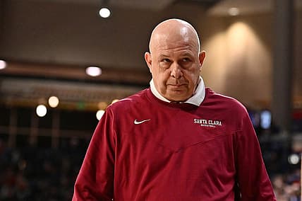 Feb 19, 2022; Spokane, Washington, USA; Santa Clara Broncos head coach Herb Sendek looks on against the Gonzaga Bulldogs in the first half at McCarthey Athletic Center. Mandatory Credit: James Snook-USA TODAY Sports