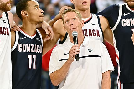 Oct 8, 2022; Spokane, WA, USA; Gonzaga Bulldogs head coach Mark Few speaks to the crowd during Craziness in the Kennel at McCarthey Athletic Center. Mandatory Credit: James Snook-USA TODAY Sports