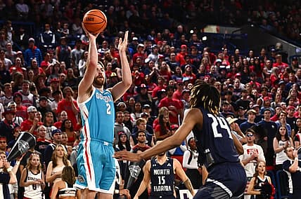 Nov 7, 2022; Spokane, Washington, USA; Gonzaga Bulldogs forward Drew Timme (2) shoots the ball against North Florida Ospreys forward Jadyn Parker (24) in the first half at McCarthey Athletic Center. Mandatory Credit: James Snook-USA TODAY Sports