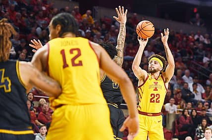 Iowa State University Cyclones guard Gabe Kalscheur (22) takes a three point shot against North Carolina A&T during the first half at Hilton Coliseum Sunday, Nov. 13, 2022, in Ames, Iowa.  Photo by Nirmalendu Majumdar/Ames Tribune

Ncaa Men S Basketball