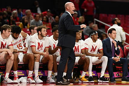 Nov 15, 2022; College Park, Maryland, USA;  Maryland Terrapins head coach Kevin Willard reacts during the first half against the Binghamton Bearcats at Xfinity Center. Mandatory Credit: Tommy Gilligan-USA TODAY Sports