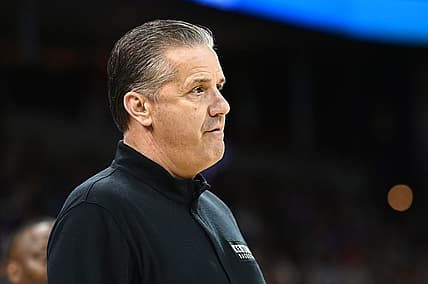 Nov 20, 2022; Spokane, Washington, USA; Kentucky Wildcats coach John Calipari looks on against the Gonzaga Bulldogs in the first half at Spokane Arena. Mandatory Credit: James Snook-USA TODAY Sports