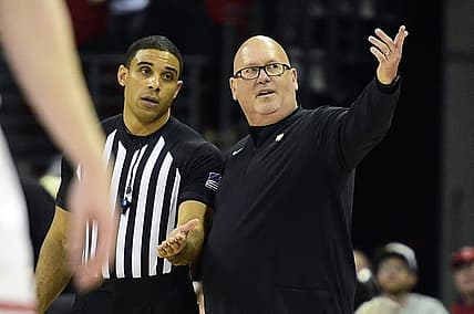 Nov 29, 2022; Madison, Wisconsin, USA;  Wake Forest Demon Deacons head coach Steve Forbes talks to a referee during the second half against the Wisconsin Badgers at the Kohl Center. Mandatory Credit: Kayla Wolf-USA TODAY Sports