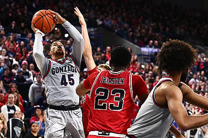 Dec 12, 2022; Spokane, Washington, USA; Gonzaga Bulldogs guard Rasir Bolton (45) shoots the ball against Northern Illinois Huskies forward Harvin Ibarguen (23) in the first half at McCarthey Athletic Center. Mandatory Credit: James Snook-USA TODAY Sports