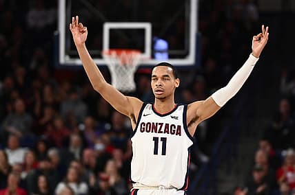 Dec 28, 2022; Spokane, Washington, USA; Gonzaga Bulldogs guard Nolan Hickman (11) celebrates after a Bulldogs three-point basket against the Eastern Oregon Mountaineers in the first half at McCarthey Athletic Center. Mandatory Credit: James Snook-USA TODAY Sports