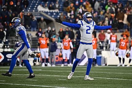 Feb 23, 2023; Seattle, WA, USA; St. Louis Battlehawks kicker Donny Hageman (2) celebrates after kicking the game-winning field goal against the Seattle Sea Dragons at Lumen Field. St. Louis defeated Seattle 20-18. Mandatory Credit: Steven Bisig-USA TODAY Sports