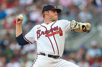 Jul 18, 2023; Atlanta, Georgia, USA; Atlanta Braves starting pitcher Bryce Elder (55) throws against the Arizona Diamondbacks in the first inning at Truist Park. Mandatory Credit: Brett Davis-USA TODAY Sports