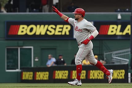 Jul 28, 2023; Pittsburgh, Pennsylvania, USA; Philadelphia Phillies designated hitter Kyle Schwarber (12) reacts as he circles the bases on a two run home run against the Pittsburgh Pirates during the third inning at PNC Park. Mandatory Credit: Charles LeClaire-USA TODAY Sports