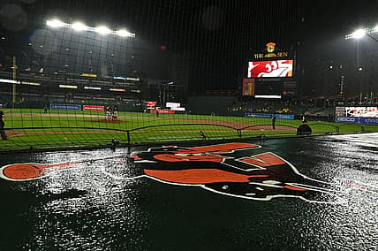 Jun 22, 2022; Baltimore, Maryland, USA;  A detail view of the Baltimore Orioles logo on top of the home dugout during the game Washington Nationals d at Oriole Park at Camden Yards. Baltimore Orioles defeated Washington Nationals 7-0 in a rain shorten game. Mandatory Credit: Tommy Gilligan-USA TODAY Sports