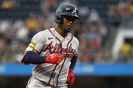 Aug 7, 2023; Pittsburgh, Pennsylvania, USA; Atlanta Braves second baseman Ozzie Albies (1) circles the bases on a solo home run against the Pittsburgh Pirates during the fourth inning at PNC Park. Mandatory Credit: Charles LeClaire-USA TODAY Sports