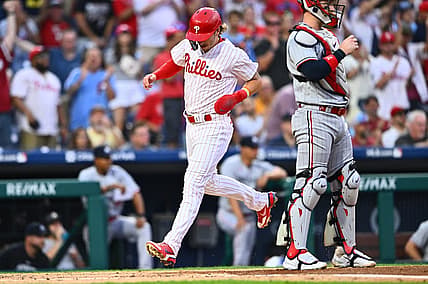 Aug 11, 2023; Philadelphia, Pennsylvania, USA; Philadelphia Phillies second baseman Bryson Stott (5) crosses the plate to score against the Minnesota Twins in the second inning at Citizens Bank Park. Mandatory Credit: Kyle Ross-USA TODAY Sports