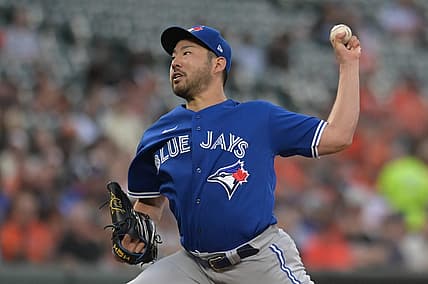 Aug 22, 2023; Baltimore, Maryland, USA;  Toronto Blue Jays starting pitcher Yusei Kikuchi (16) throws a first inning pitch against the Baltimore Orioles at Oriole Park at Camden Yards. Mandatory Credit: Tommy Gilligan-USA TODAY Sports