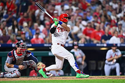 Aug 25, 2023; Philadelphia, Pennsylvania, USA; Philadelphia Phillies first baseman Bryce Harper (3) hits a triple against the St. Louis Cardinals in the seventh inning at Citizens Bank Park. Mandatory Credit: Kyle Ross-USA TODAY Sports