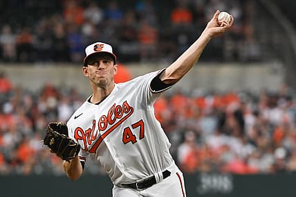 Apr 13, 2022; Baltimore, Maryland, USA;  Baltimore Orioles starting pitcher John Means (47) delivers a first inning pitch against the Milwaukee Brewers at Oriole Park at Camden Yards. Mandatory Credit: Tommy Gilligan-USA TODAY Sports