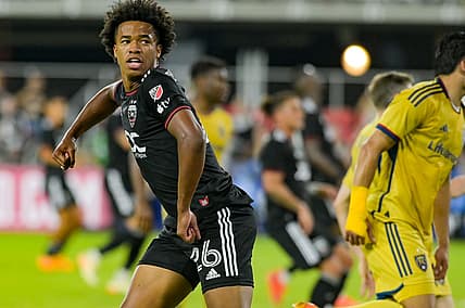 Jun 17, 2023; Washington, District of Columbia, USA; D.C. United forward Kristian Fletcher (26) reacts after a whistle during the second  half  against the Real Salt Lake at Audi Field. Real Salt Lake defeaterdf D.C. United 2-1.Mandatory Credit: Tommy Gilligan-USA TODAY Sports