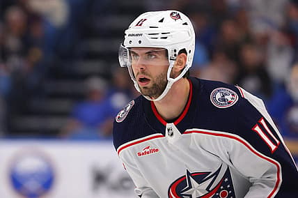 Sep 30, 2023; Buffalo, New York, USA;  Columbus Blue Jackets center Adam Fantilli (11) on the ice during the second period against the Buffalo Sabres at KeyBank Center. Mandatory Credit: Timothy T. Ludwig-USA TODAY Sports