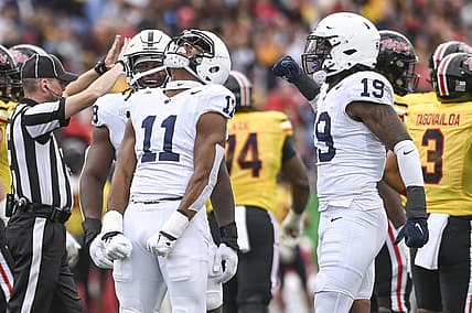Nov 4, 2023; College Park, Maryland, USA;  Penn State Nittany Lions linebacker Abdul Carter (11) celebrates after sacking Maryland Terrapins quarterback Taulia Tagovailoa (3) dung the first half at SECU Stadium. Mandatory Credit: Tommy Gilligan-USA TODAY Sports