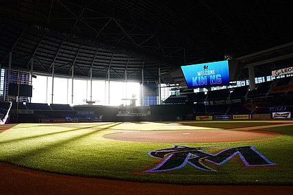 Nov 16, 2020; Miami, FL, USA;  The video board at Marlins Park welcomes Miami Marlins general manager Kim Ng.  Mandatory Credit: Joseph Guzy/Miami Marlins Handout Photo via USA TODAY Sports