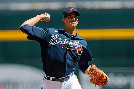 Mar 7, 2021; North Port, Florida, USA;  Atlanta Braves starting pitcher Charlie Morton (50) pitches in the third inning during spring training at CoolToday Park. Mandatory Credit: Nathan Ray Seebeck-USA TODAY Sports