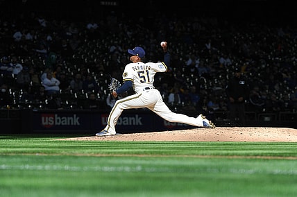 Apr 1, 2021; Milwaukee, Wisconsin, USA; Milwaukee Brewers relief pitcher Freddy Peralta (51) delivers a pitch against the Minnesota Twins in the sixth inning at American Family Field. Mandatory Credit: Michael McLoone-USA TODAY Sports