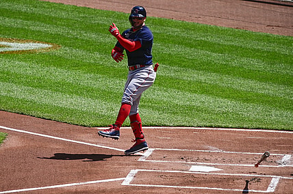 Apr 11, 2021; Baltimore, Maryland, USA;  Boston Red Sox center fielder Alex Verdugo (99) reacts after being hit by a pitch in the first inning against the Baltimore Orioles at Oriole Park at Camden Yards. Mandatory Credit: Tommy Gilligan-USA TODAY Sports