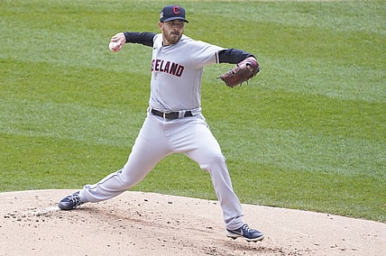 Apr 15, 2021; Chicago, Illinois, USA; Cleveland Indians starting pitcher Aaron Civale throws against the Chicago White Sox during the first inning at Guaranteed Rate Field. All players on both teams are wearing number 42 in honor of Jackie Robinson Day. Mandatory Credit: David Banks-USA TODAY Sports