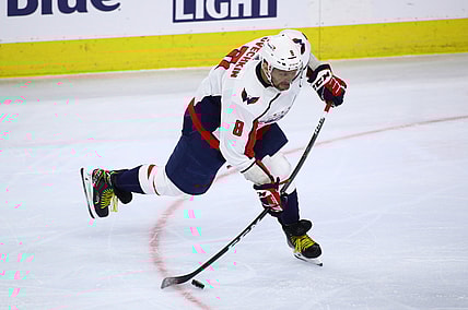 Apr 17, 2021; Philadelphia, Pennsylvania, USA; Washington Capitals left wing Alex Ovechkin (8) takes a shot in the first period against the Philadelphia Flyers at Wells Fargo Center. Mandatory Credit: Kyle Ross-USA TODAY Sports