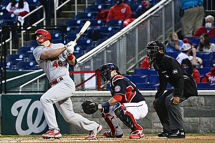 Apr 19, 2021; Washington, District of Columbia, USA;  St. Louis Cardinals first baseman Paul Goldschmidt (46) hits a solo home run during the third inning against the Washington Nationals at Nationals Park. Mandatory Credit: Tommy Gilligan-USA TODAY Sports
