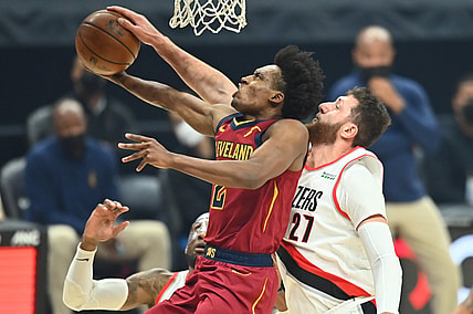 May 5, 2021; Cleveland, Ohio, USA; Cleveland Cavaliers guard Collin Sexton (2) drives to the basket against Portland Trail Blazers center Jusuf Nurkic (27) during the first quarter at Rocket Mortgage FieldHouse. Mandatory Credit: Ken Blaze-USA TODAY Sports