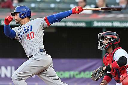 May 11, 2021; Cleveland, Ohio, USA; Chicago Cubs catcher Willson Contreras (40) follows through on a swing for a single during the fourth inning against the Cleveland Indians at Progressive Field. Mandatory Credit: Ken Blaze-USA TODAY Sports
