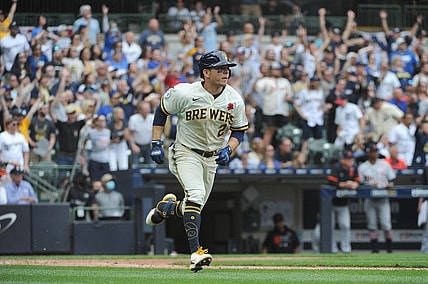 May 31, 2021; Milwaukee, Wisconsin, USA; Milwaukee Brewers third baseman Luis Urias (2) knocks in the winning run in the tenth inning against the Detroit Tigers at American Family Field. Final score Milwaukee Brewers 3, Detroit Tigers 2. Mandatory Credit: Michael McLoone-USA TODAY Sports