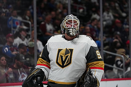May 30, 2021; Denver, Colorado, USA; Vegas Golden Knights goaltender Robin Lehner (90) looks on after giving up a goal to the Colorado Avalanche during the first period of game one in the second round of the 2021 Stanley Cup Playoffs at Ball Arena. Mandatory Credit: Ron Chenoy-USA TODAY Sports